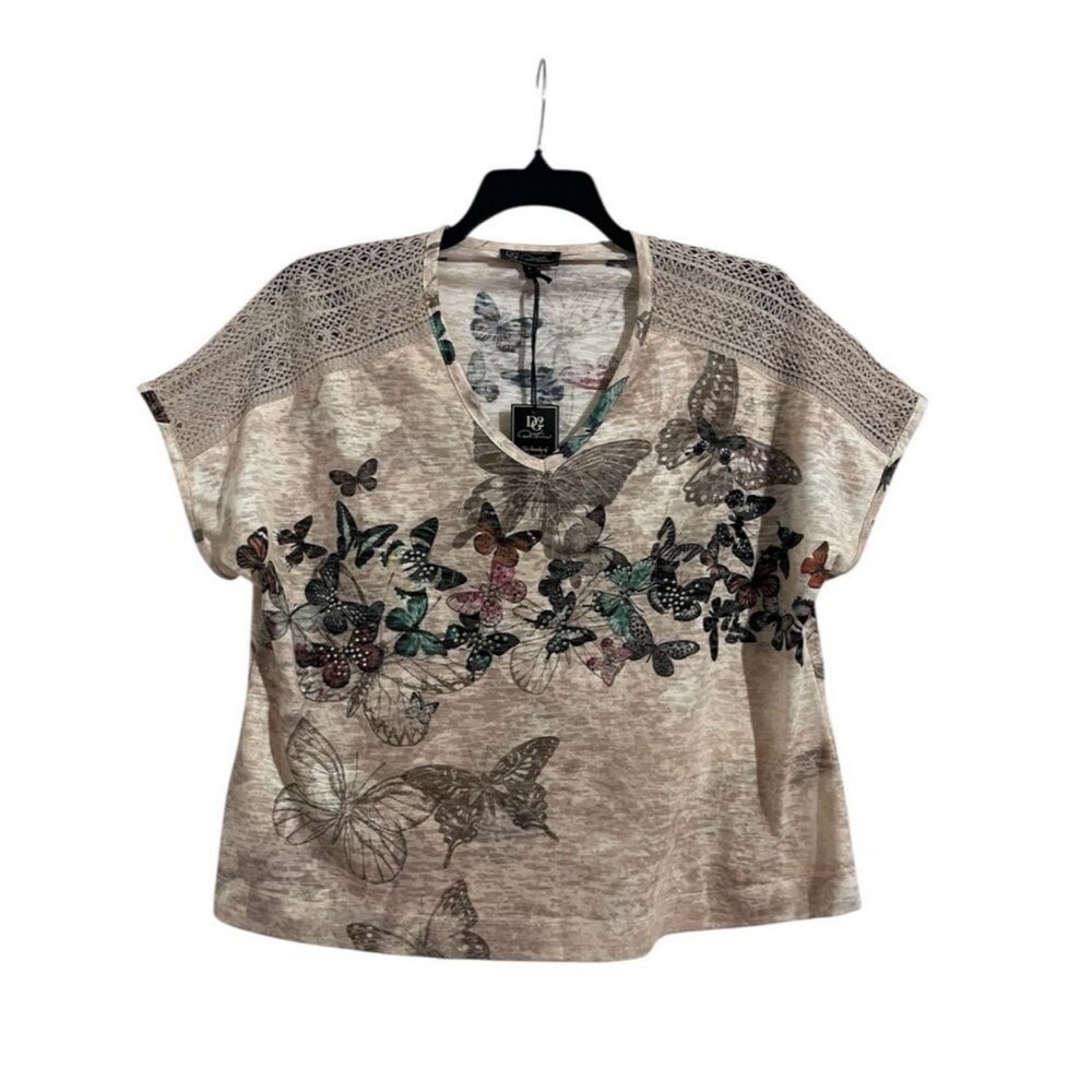 DG2 Diane Gilman Large Butterfly Print Top Tan Shoulder Lace Detail Shirt